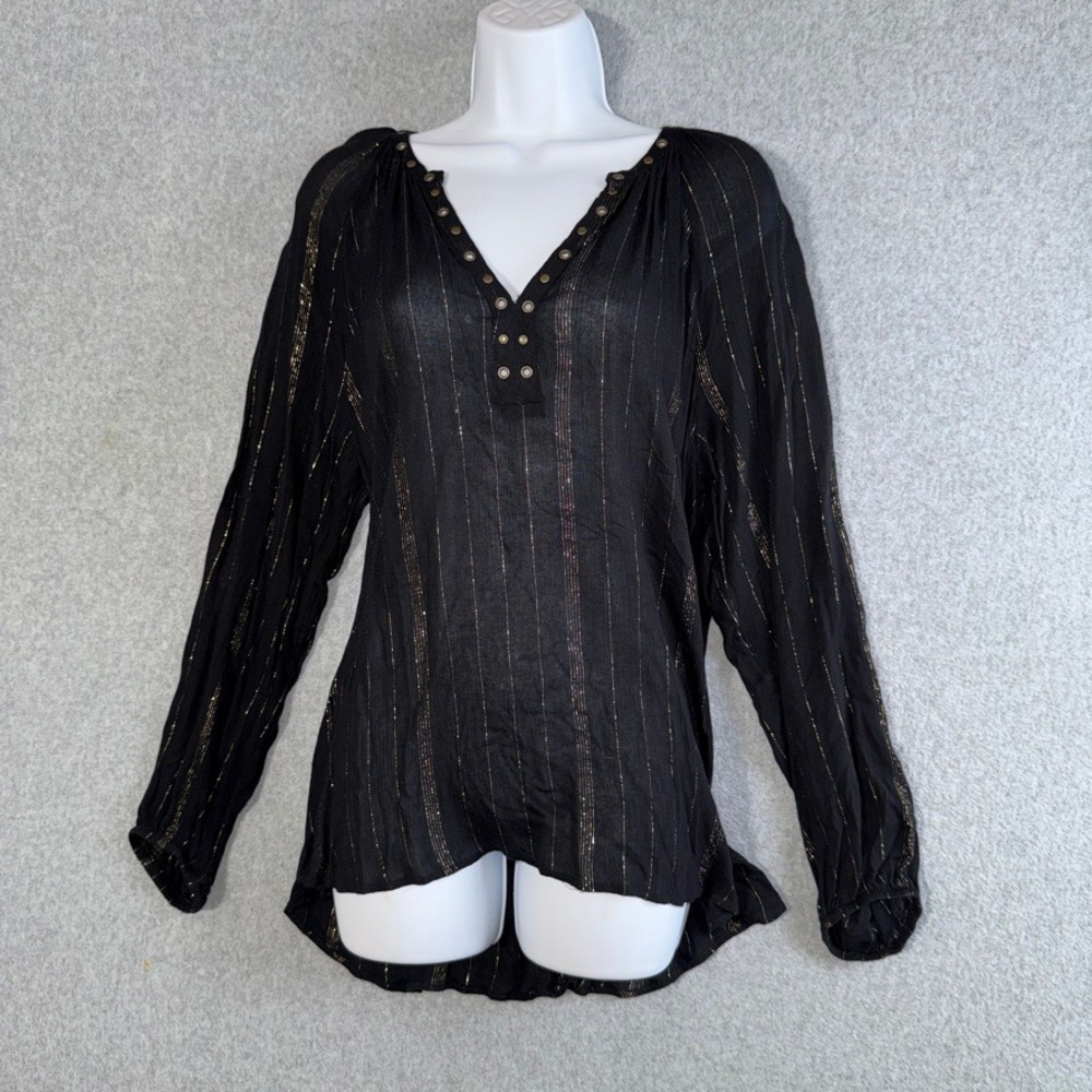 Rock & Republic women Black Gold Metallic Stripe Grommet V-Neck Blouse Medium